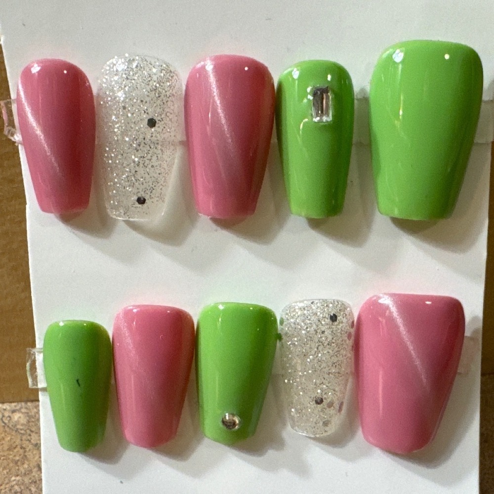 Press On Nails Green Pink Glitter Sparkle Short‎ Fake Nails Manicure